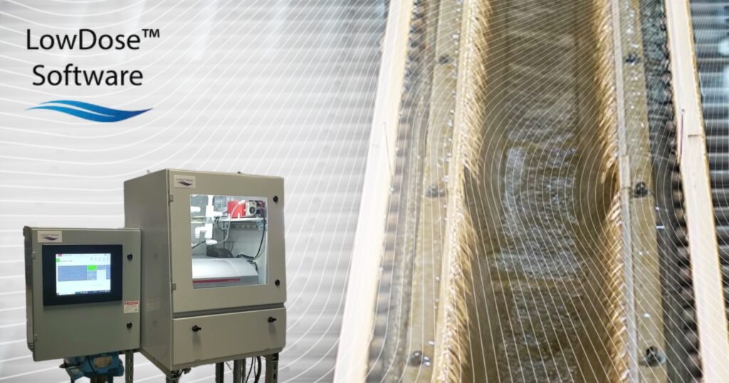 LowDose Software control panel monitoring automated chemical dosing in a municipal water treatment facility; a clarifier trough filled with flowing water is visible on the right, representing real-time treatment processes.