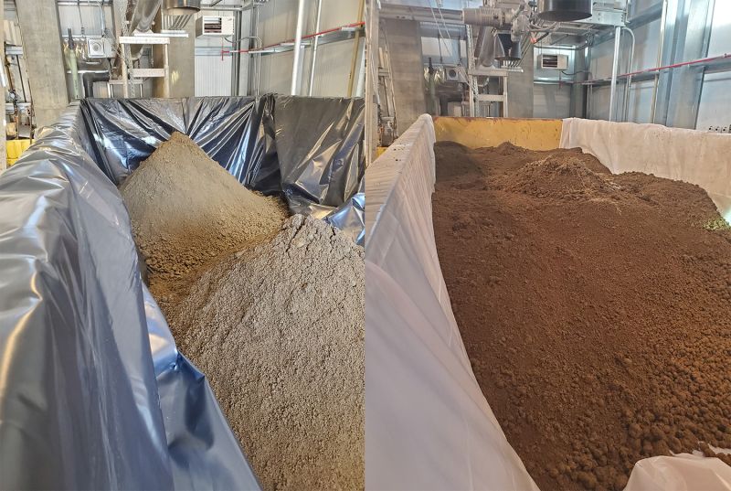 Comparison of sludge cake quality: Lighter manual dose sludge vs darker, denser LowDose sludge from  automated chemical dosing.