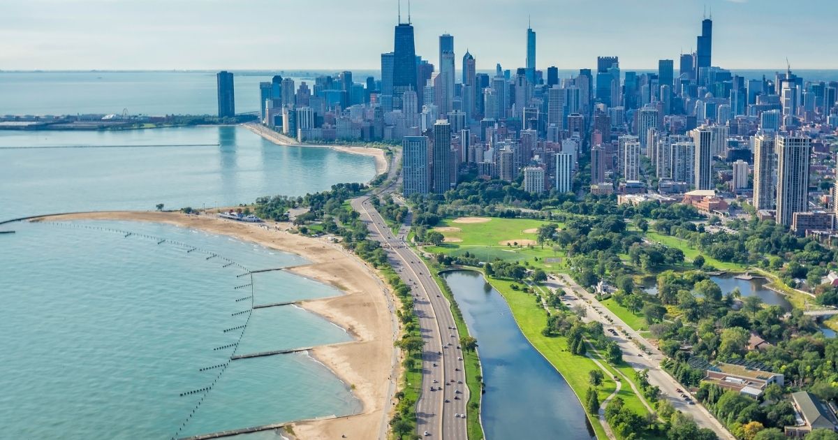 Aerial view of the Chicago lakefront and downtown skyline along Lake Michigan, host city of WEFTEC 2025