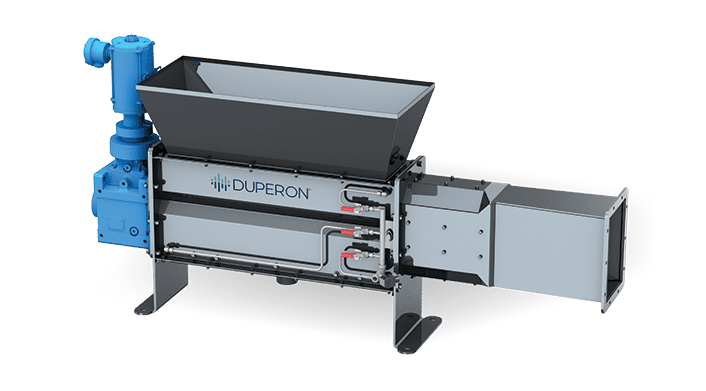 Duperon Washer Compactor rendering with feed hopper, wash housing, and discharge chute