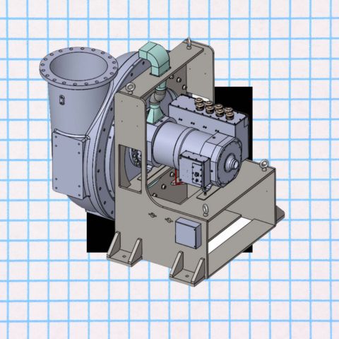 CAD render of the APG-Neuros 1.1MW turbo blower with inlet volute, motor and steel base frame