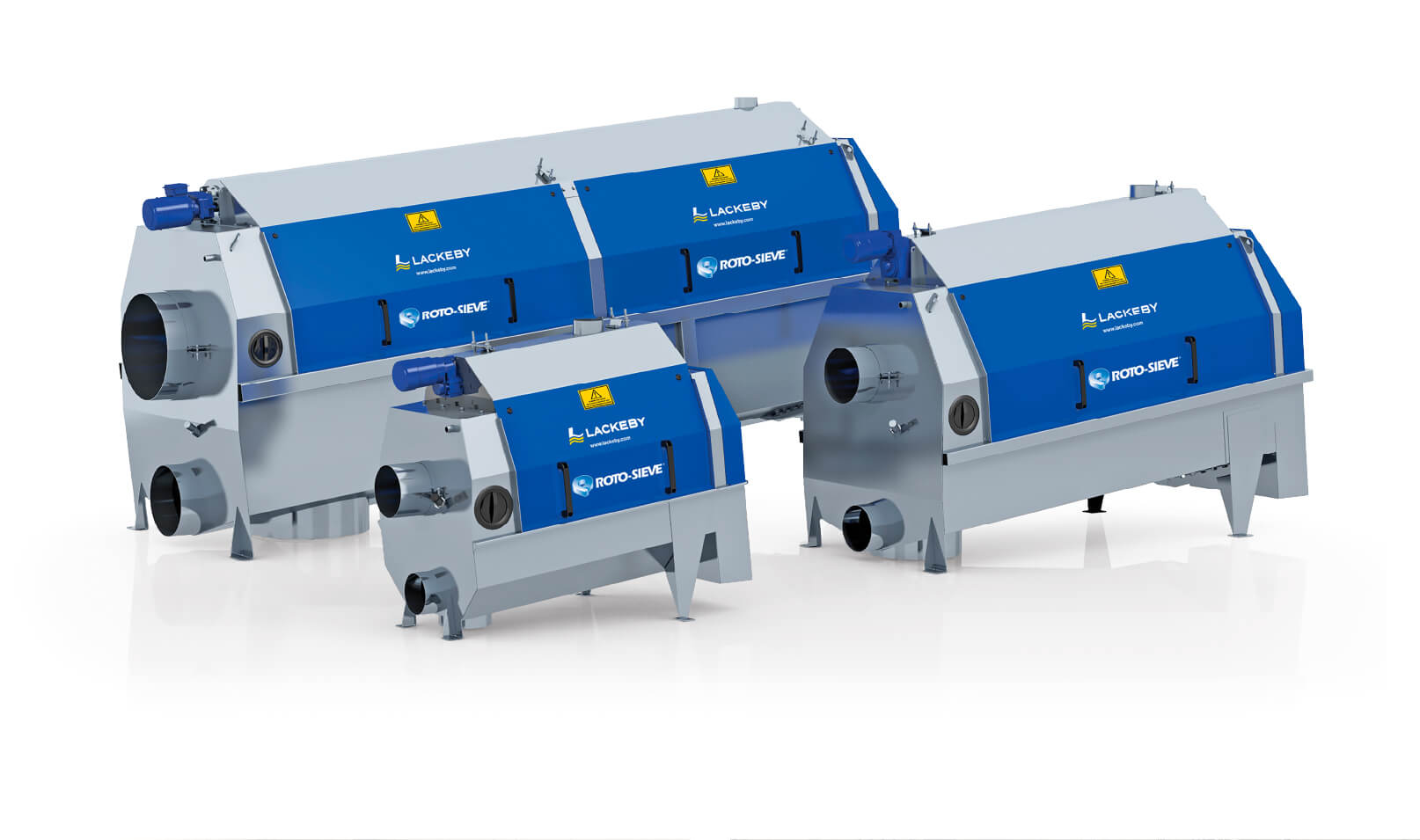 Three Lackeby Roto-Sieve rotary drum screens, small to large models, in blue and stainless steel housings