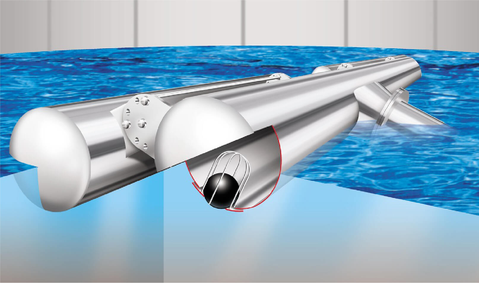 Cutaway rendering of a Lackeby SBR Decanter floating on pontoons with the solids-excluding ball visible inside the decant pipe