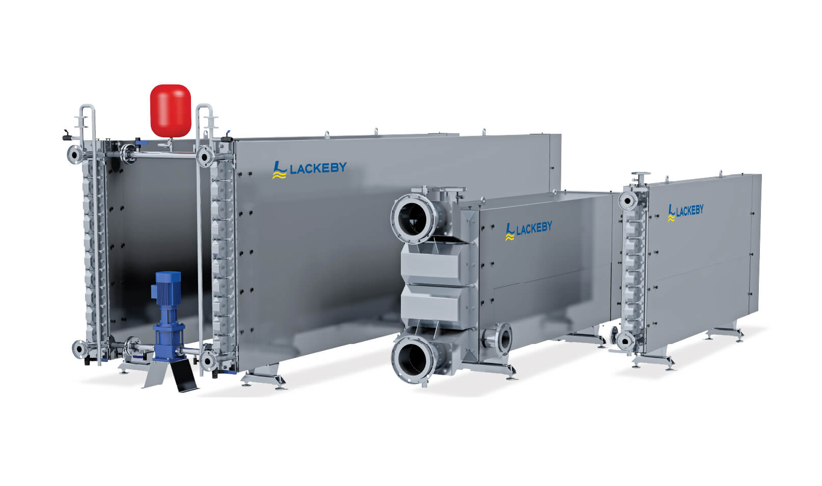 Three Lackeby stainless steel sludge and water heat exchanger units with flanged sludge connections and a circulation pump
