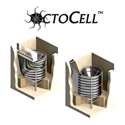 Cutaway renders of the Envirodyne OctoCell and OctoCell-V stacked tray grit removal units inside a concrete chamber