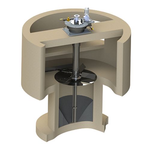 Cutaway render of an Envirodyne vortex grit system with top-mounted drive, paddle assembly and lower grit hopper