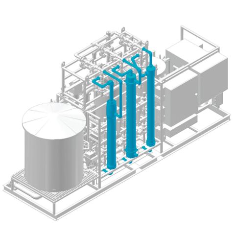 Line render of a FiberFlex pressurized ultrafiltration skid with three vertical membrane modules, feed tank and control cabinet