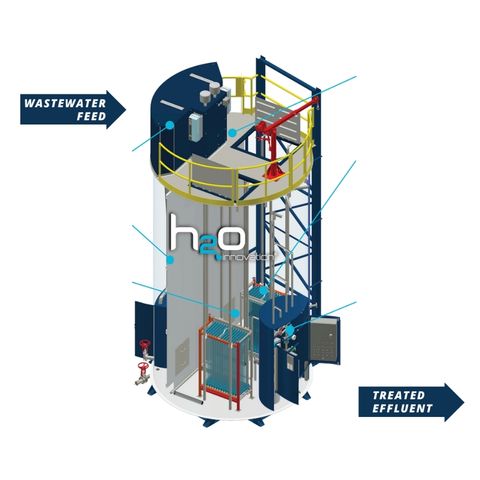 Cutaway render of the H2O Innovation SILO membrane bioreactor tank with wastewater feed and treated effluent arrows
