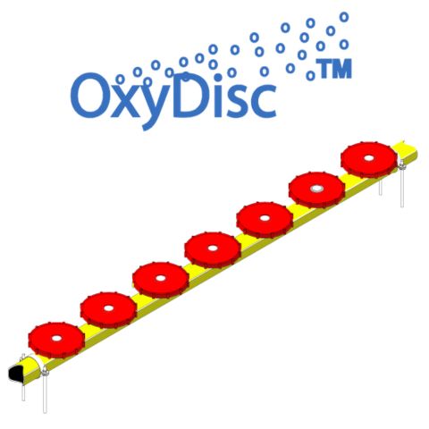 OxyDisc diagram of seven red membrane disc diffusers along a yellow lateral pipe