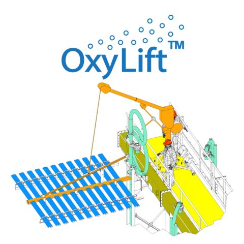 OxyLift diagram of a blue diffuser rack being raised from a yellow basin by an orange jib hoist
