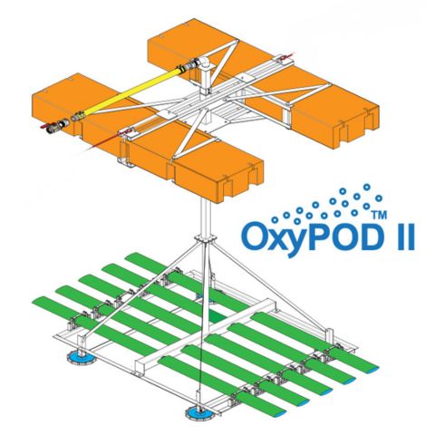 OxyPOD II diagram of an orange floating pontoon frame above a retrievable rack of green strip diffusers