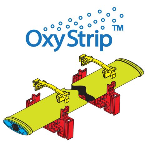 OxyStrip diagram of a yellow strip membrane diffuser with red mounting clips and hold-down straps