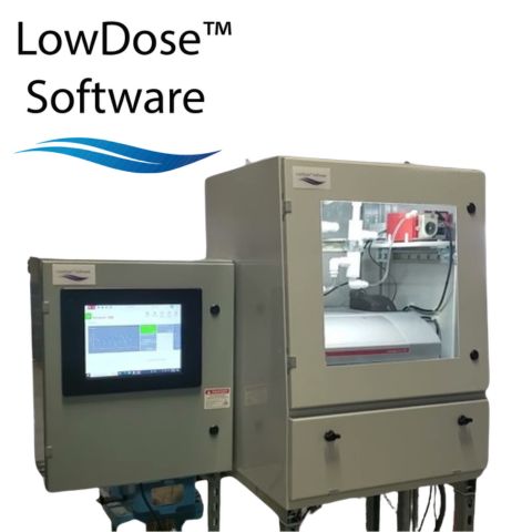 LowDose Software control panel with touchscreen mounted beside the online zeta potential analyzer enclosure at a water treatment plant