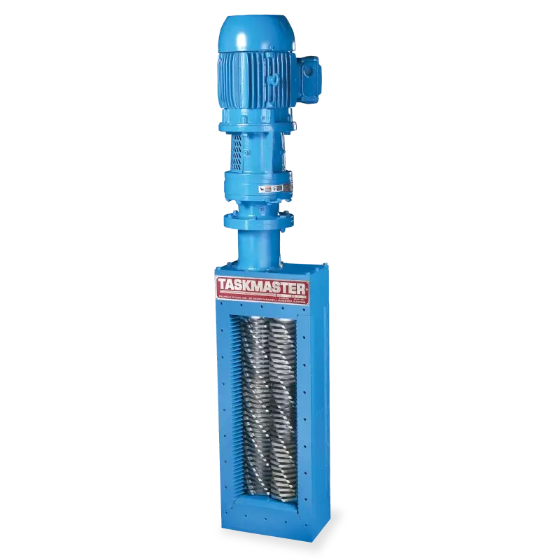 Franklin Miller TASKMASTER TM8500 twin-shaft channel grinder with drive motor mounted above the cutter stack